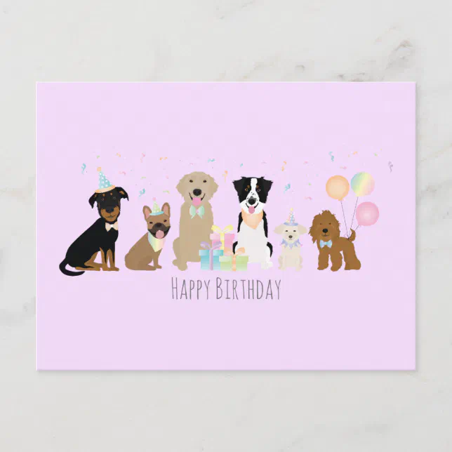 Happy Birthday Party Dogs Purple Postcard | Zazzle