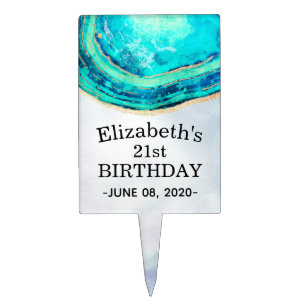 Happy Birthday Party Elegant Teal Gold Agate Geode Cake Topper