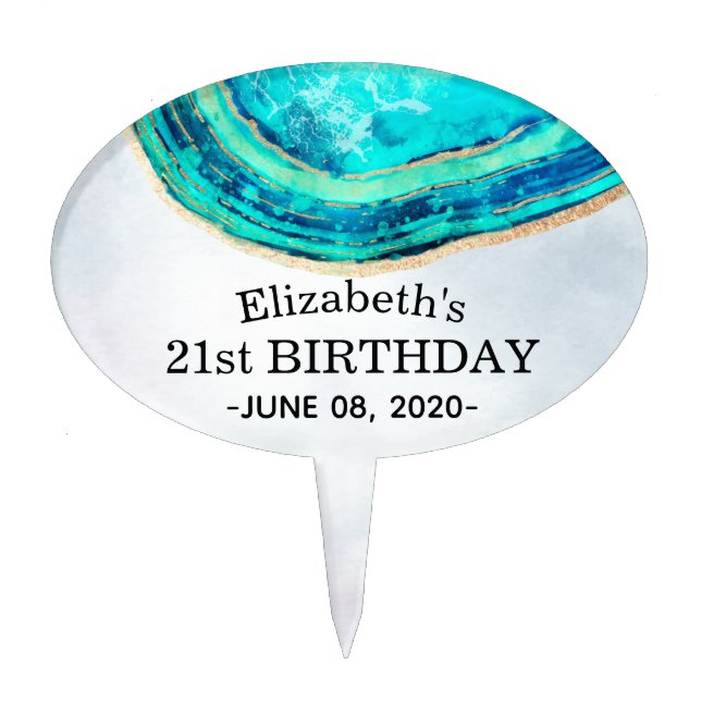 Happy Birthday Party Elegant Teal Gold Agate Geode Cake Topper (Front)