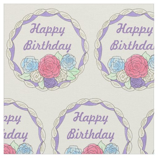 Happy Birthday Party Frosted Cake Icing Pink Roses Fabric
