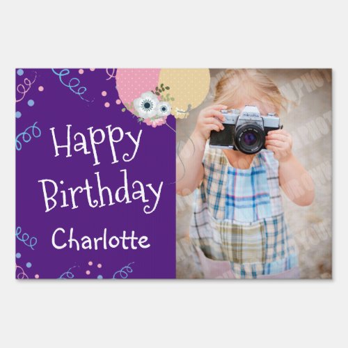 Happy Birthday Party Girly One Photo Purple Sign