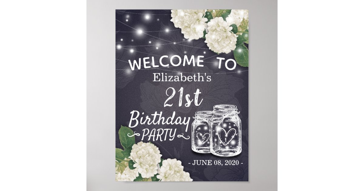 Happy Birthday Party Mason Jars Hydrangeas Lights Poster Zazzle Com