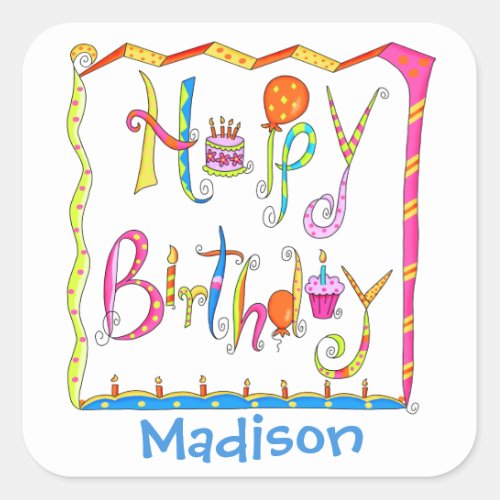 Happy Birthday Party Name Personalized White Square Sticker