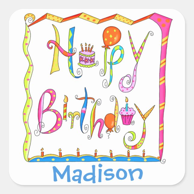 Happy Birthday Party Name Personalized White Square Sticker (Front)