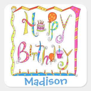 Happy Birthday Party Name Personalized White Square Sticker