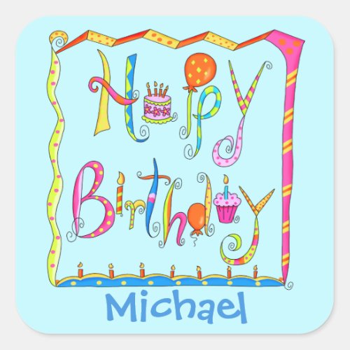 Happy Birthday Party Name Personalized Yellow Square Sticker