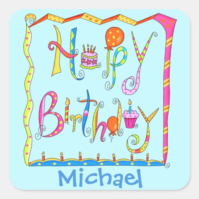 Happy Birthday Party Name Personalized Yellow Square Sticker (Front)