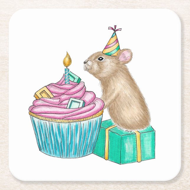 Happy Birthday Party Pika Cupcake Square Paper Coaster (Front)