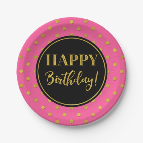 Happy Birthday Party Pink Black Gold Dots Paper Plates