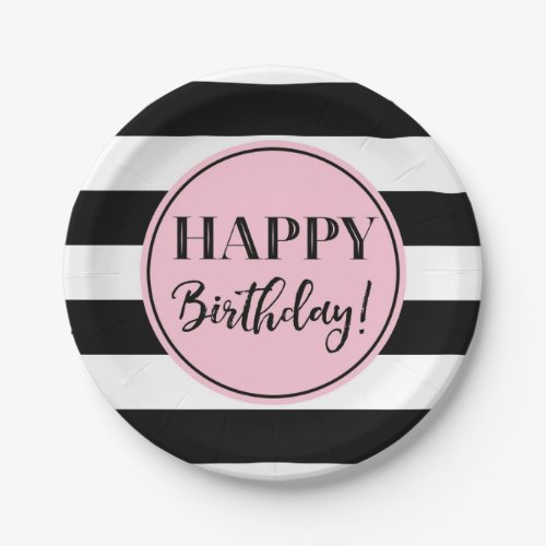 Happy Birthday Party Pink Black White Stripes  Paper Plates