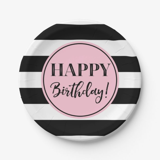 Happy Birthday Party Pink Black White Stripes  Paper Plates (Front)
