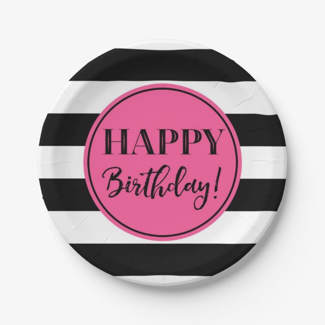 Happy Birthday Party Pink Black White Stripes Paper Plates (Front)
