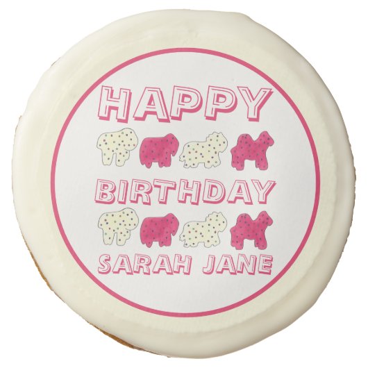 Happy Birthday Party Pink Circus Animal Crackers Sugar Cookie (Front)