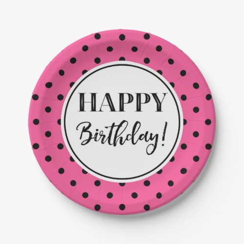 Happy Birthday Party Pink White Black Dots Paper Plates