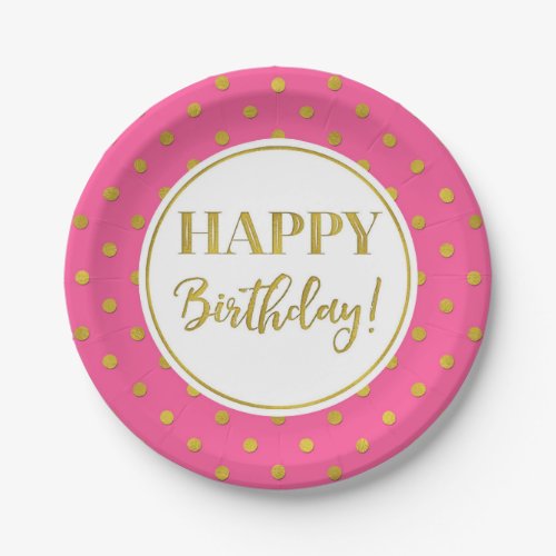 Happy Birthday Party Pink White Gold Dots Paper Plates