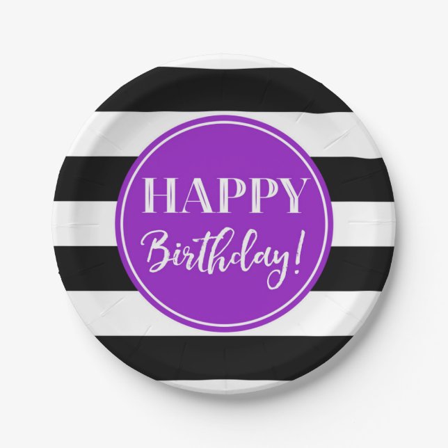 Happy Birthday Party Purple Black White Stripes Paper Plates (Front)