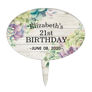 Happy Birthday Party Succulent Plants Rustic Wood Cake Topper