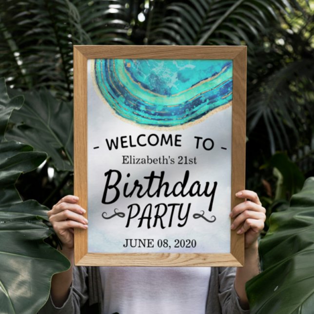 Happy Birthday Party Teal Gold Agate Geode Welcome Poster (Creator Uploaded)