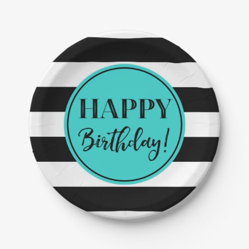 Happy Birthday Party Turquoise Black White Paper Plates
