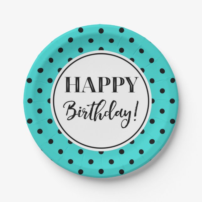 Happy Birthday Party Turquoise White Black Dots Paper Plates (Front)
