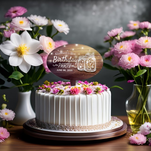 Happy Birthday Party Wood Mason Jars String Lights Cake Topper (Creator Uploaded)