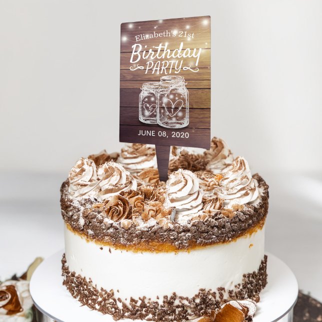 Happy Birthday Party Wood Mason Jars String Lights Cake Topper (Creator Uploaded)