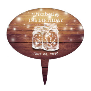 Happy Birthday Party Wood Mason Jars String Lights Cake Topper