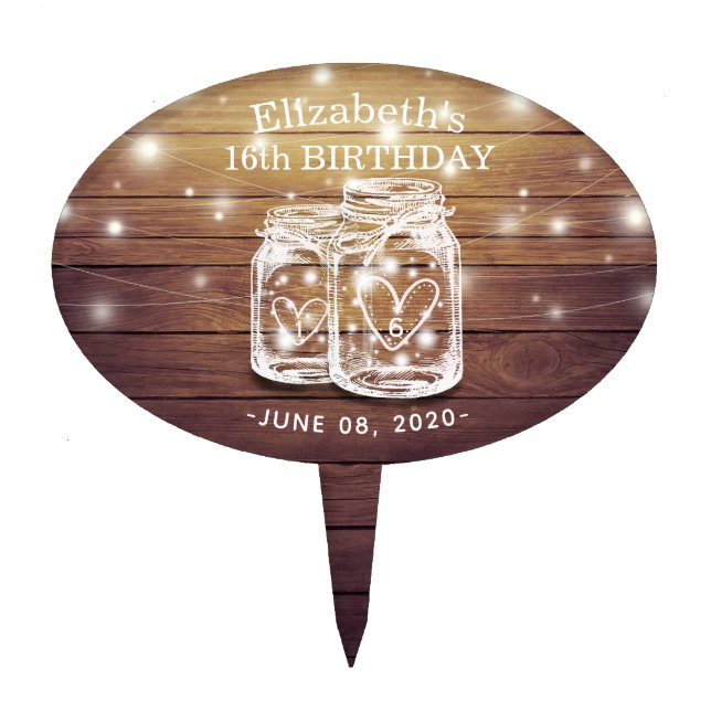 Happy Birthday Party Wood Mason Jars String Lights Cake Topper (Front)