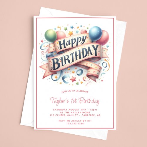 Happy Birthday Pastel Balloons 1st Birthday Invitation