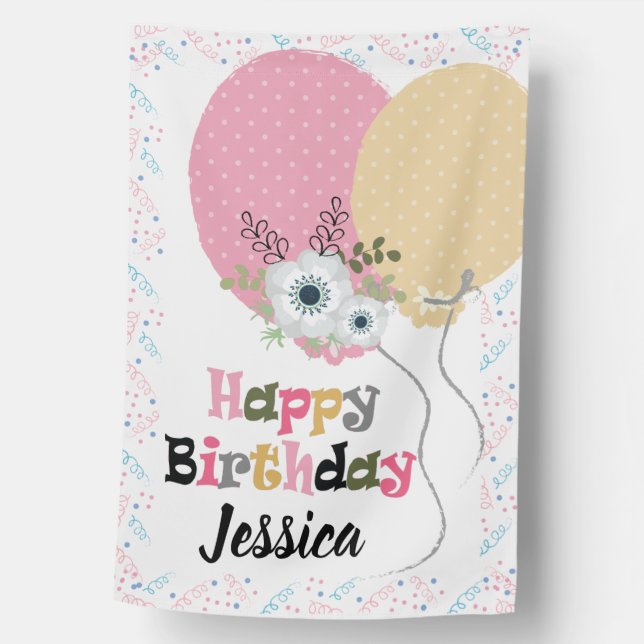 Happy Birthday Pastel Balloons and Confetti Garden House Flag (Front)