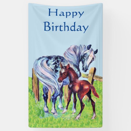 Happy Birthday Pastel Mother Horse Brown Baby Colt Banner