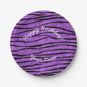 Happy Birthday pastel purple glitter zebra stripes Paper Plates