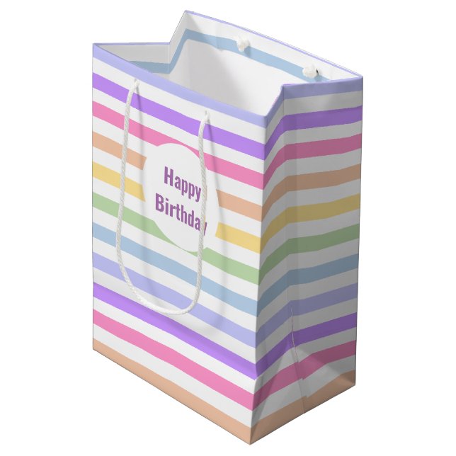 Happy Birthday Pastel Rainbow White Stripes Medium Gift Bag (Front Angled)
