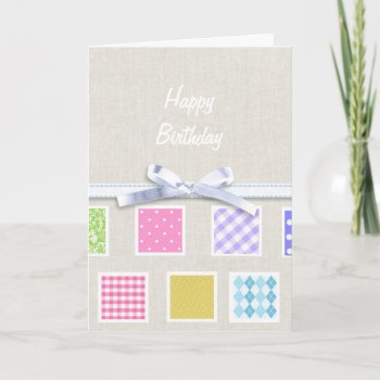 Happy Birthday Pastel Squares Abstract & Faux Bow Card by PeachyPrints at Zazzle