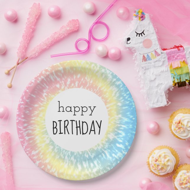Happy Birthday Pastel Tie Dye Hippie Swirl Paper Plates (Party)