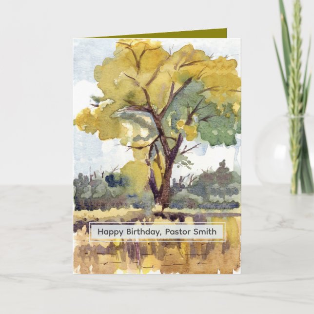 Happy Birthday Pastor Fall Tree Watercolor Custom Card (Front)