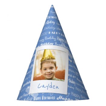 Happy Birthday Pattern Blue Party Kids Photo Cute Party Hat by LilPartyPlanners at Zazzle