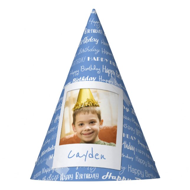 Happy Birthday Pattern Blue Party Kids Photo Cute Party Hat (Front)