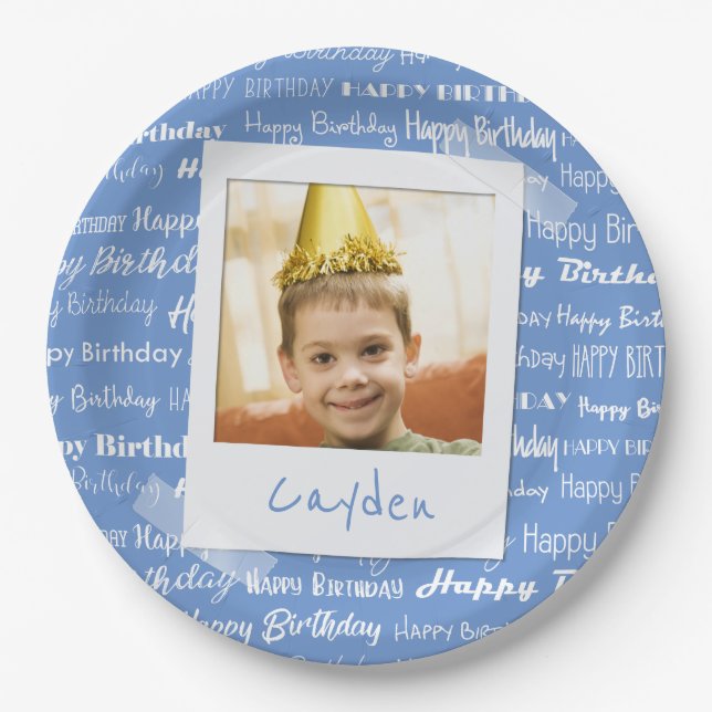 Happy Birthday Pattern Blue Party Kids Photo Fun Paper Plates (Front)