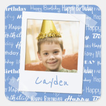 Happy Birthday Pattern Blue Party Kids Photo Square Sticker