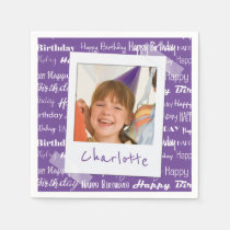 Happy Birthday Pattern Purple Party Kids Photo Paper Napkins