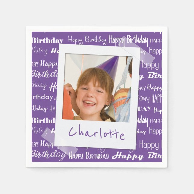 Happy Birthday Pattern Purple Party Kids Photo Paper Napkins (Front)