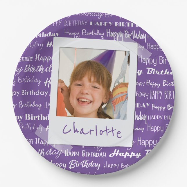 Happy Birthday Pattern Purple Party Kids Photo Paper Plates (Front)