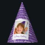 Happy Birthday Pattern Purple Party Kids Photo Party Hat<br><div class="desc">Happy Birthday Pattern Purple Party Kids Photo Personalized Birthday Party Paper Hats. Pattern of white script "Happy Birthday" repeated in on a pretty purple background. Customize to change background to another color. Fun photo frame design appears to be taped to hat. Name of child written on white underneath photo. Replace...</div>