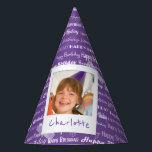 Happy Birthday Pattern Purple Party Kids Photo Party Hat<br><div class="desc">Happy Birthday Pattern Purple Party Kids Photo Personalized Birthday Party Paper Hats. Pattern of white script "Happy Birthday" repeated in on a pretty purple background. Customize to change background to another color. Fun photo frame design appears to be taped to hat. Name of child written on white underneath photo. Replace...</div>