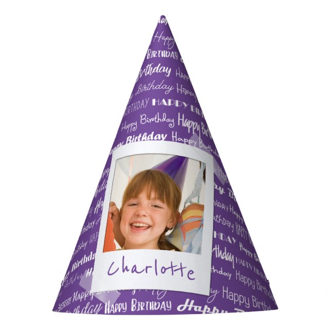 Happy Birthday Pattern Purple Party Kids Photo Party Hat (Front)