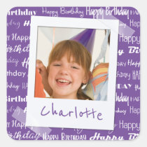 Happy Birthday Pattern Purple Party Kids Photo Square Sticker