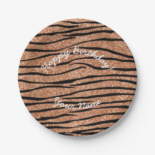 Happy Birthday peach orange glitter zebra stripes Paper Plates