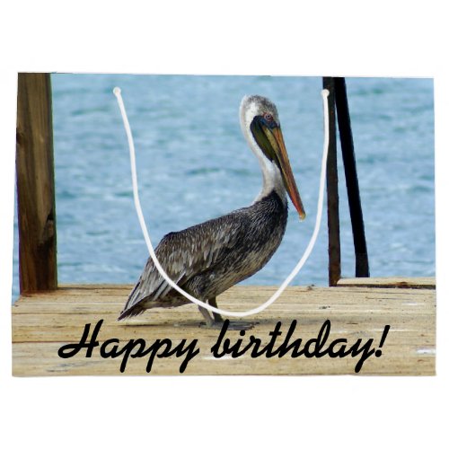 Happy Birthday Pelican on the pier photo Curacao Large Gift Bag