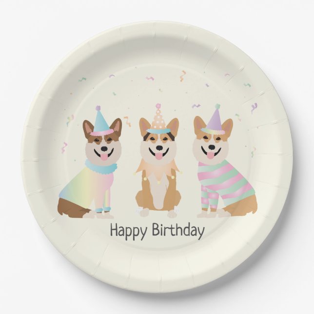 Happy Birthday Pembroke Welsh Corgi Dogs Paper Plates (Front)